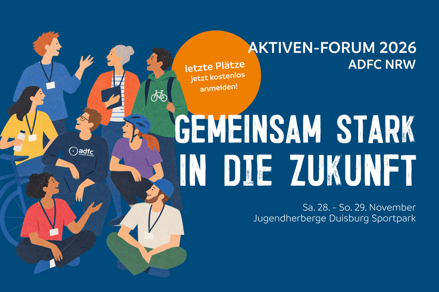 Titelbild Aktiven-Forum 2026 Für ein Wochenende im November treffen sich Aktive des ADFC NRW in Duisburg unter dem Motto "Gemeinsam stark in die Zukunft".