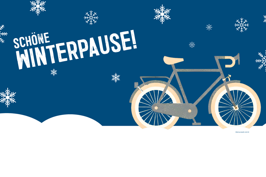 Multicover Winterpause 2025/2026 Eine Grafik von einem Fahrrad im Schnee mit Schneeflocken im Hintergrund und dem Schriftzug "Schöne Winterpause!"
