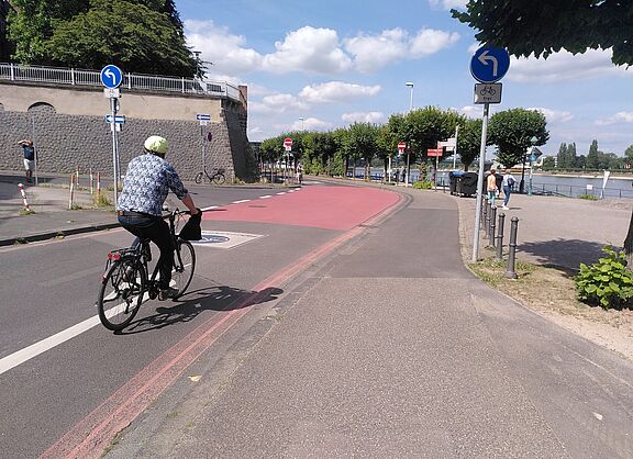 Fahrradstraße am Rhein in Bonn, Brassertufer. Früher standen an der Hangseite Autos. 