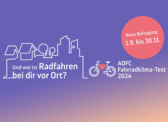 Keyvisual ADFC Fahrradklima-Test 2024, zeigt die Skyline einer Stadt mit einem Fahrrad