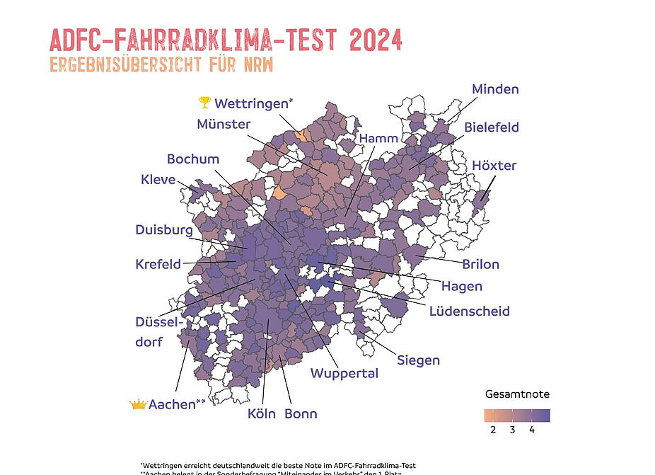 Übersichtskarte diverse NRW-Kommunen beim ADFC-Fahrradklima-Test 2024 Übersichtskarte von verschiedenen NRW-Kommunen beim ADFC-Fahrradklima-Test 2024