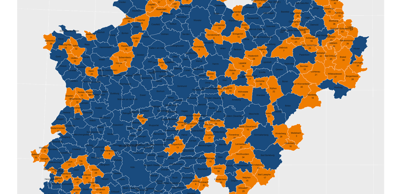 Landkarte NRW zum Fahrradklima-Test 2022 - Orange gefärbte Städte haben die Mindestteilnehmerzahl noch nicht erreicht Landkarte NRW zum Fahrradklima-Test 2022 - Orange gefärbte Städte haben die Mindestteilnehmerzahl noch nicht erreicht