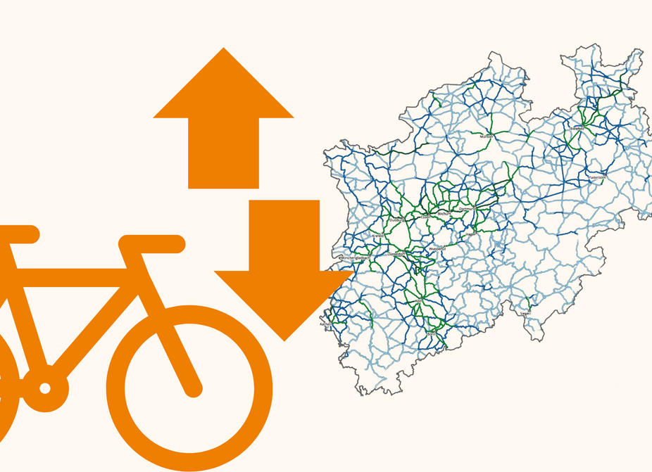 Illustration Radvorrangnetz NRW Schematische Kartendarstellung des landesweiten Radvorrangnetzes mit einem Fahrrad-Icon, einem nach oben und einem nach unten weisenden Pfeil