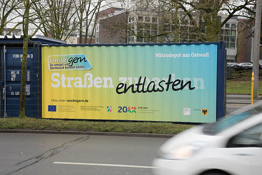 Überseecontainer in Dortmund, der als Mikrodepots für den Transport mit Lastenrädern genutzt wird