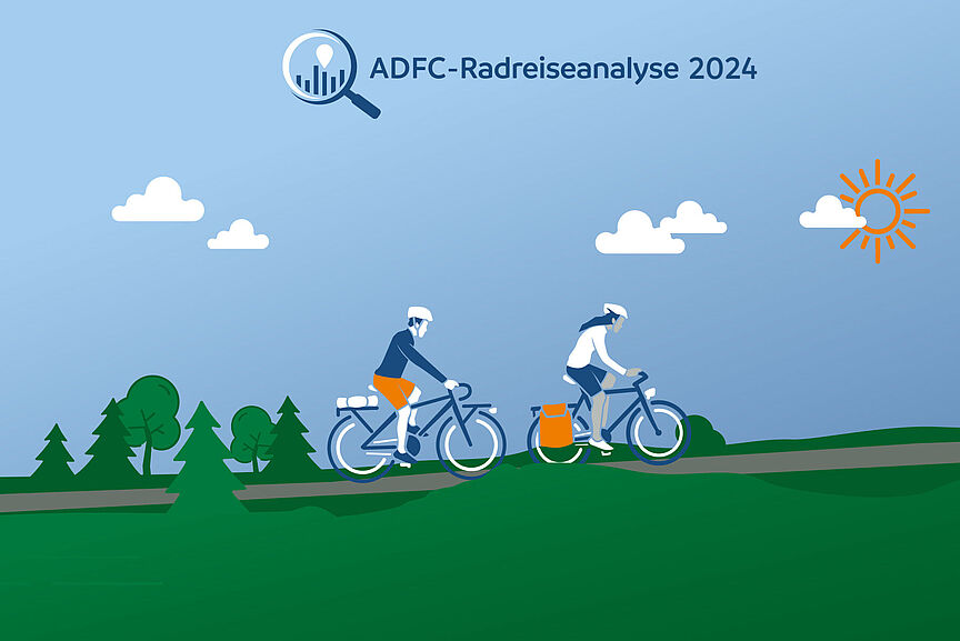 Radreiseanalyse 2024 Grafik, die Radfahrerinnen und Radfahrer beim Radfahren in schöner Landschaft mit blauem Himmel zeigt.