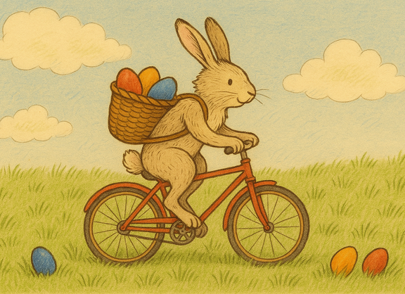 Auf dem Bild ist ein Hase zu sehen, der auf einem Fahrrad fährt. Auf dem Rücken hat er einen Korb, aus dem drei bunte Eier herausschauen. Im Gras liegen blaue und orange Eier verstreut.