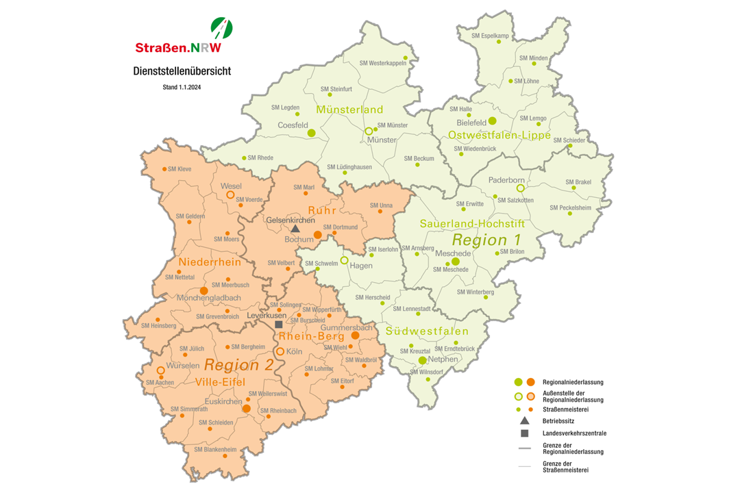 Dienststellenübersicht von Straßen.NRW. Neben dem Betriebssitz in Gelsenkirchen gibt es u.a. acht Regionalniederlassungen. 
